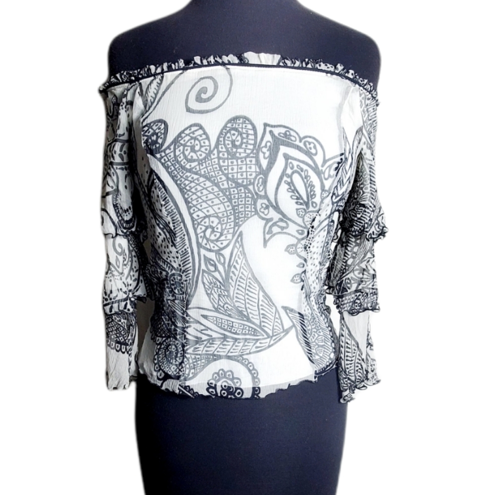 ikito paisley print ruffle off the shoulder silk top size small